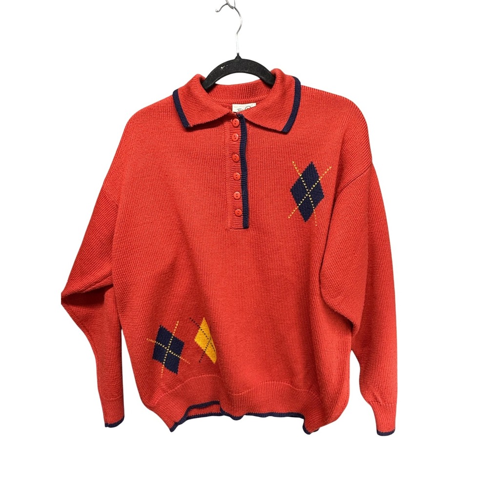 TanJay‎ Sweater Mens XL Red Knit Polo Argyle Golf Pullover Wool Blend Macau